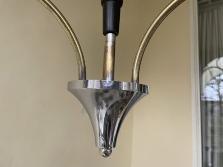 Plafondlamp 3 arms hout/verchroomd matglazen kelken  jaren 30 - Afbeelding 6