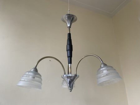 Plafondlamp 3 arms hout/verchroomd matglazen kelken  jaren 30 - Afbeelding 12