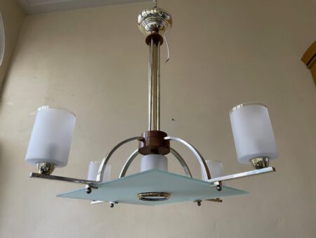 Plafondlamp Modernistisch 4 arms Mat glazen schalen en plaat Art Deco jaren 30