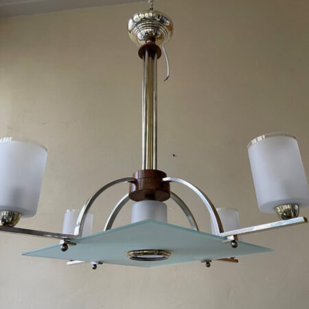 Plafondlamp Modernistisch 4 arms Mat glazen schalen en plaat Art Deco jaren 30