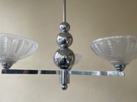 Plafondlamp 3 arms mat glazen Schalen verchroomde pendel Art Deco jaren 30 - Afbeelding 3