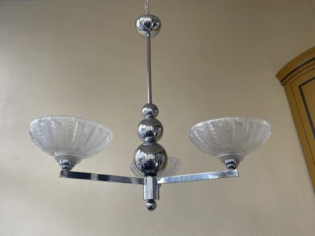 Plafondlamp 3 arms mat glazen Schalen verchroomde pendel Art Deco jaren 30 - Afbeelding 12