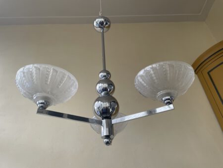 Plafondlamp 3 arms mat glazen Schalen verchroomde pendel Art Deco jaren 30 - Afbeelding 4