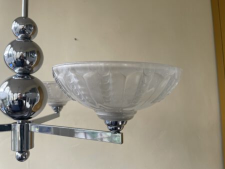 Plafondlamp 3 arms mat glazen Schalen verchroomde pendel Art Deco jaren 30 - Afbeelding 8