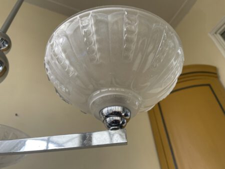 Plafondlamp 3 arms mat glazen Schalen verchroomde pendel Art Deco jaren 30 - Afbeelding 9