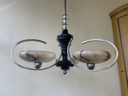Plafondlamp 3 arms met gemarmerd glas Art Deco jaren 30 - Afbeelding 4