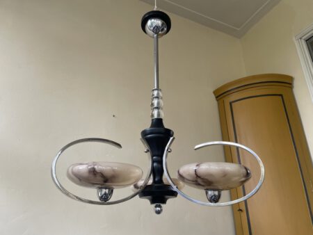 Plafondlamp 3 arms met gemarmerd glas Art Deco jaren 30