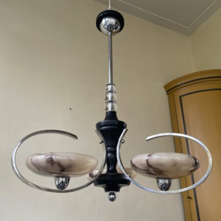 Plafondlamp 3 arms met gemarmerd glas Art Deco jaren 30