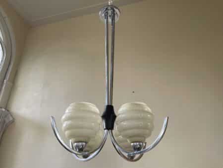 Plafondlamp 4 arms met gele kelken Verchroomd jaren 30
