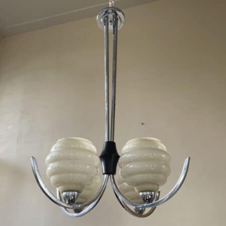 Plafondlamp 4 arms met gele kelken Verchroomd jaren 30