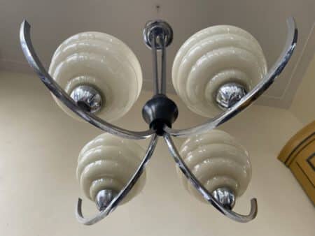 Plafondlamp 4 arms met gele kelken Verchroomd jaren 30 - Afbeelding 2