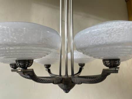 Plafondlamp 6 arms Verzilverde Pendel Clichyglazen Kelken jaren 40 - Afbeelding 3