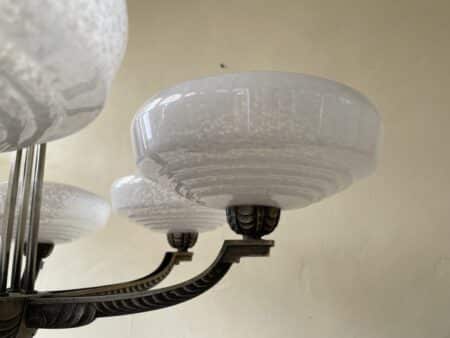 Plafondlamp 6 arms Verzilverde Pendel Clichyglazen Kelken jaren 40 - Afbeelding 13