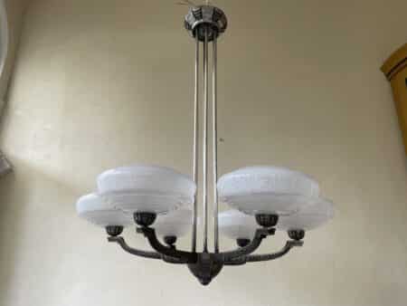 Plafondlamp 6 arms Verzilverde Pendel Clichyglazen Kelken jaren 40 - Afbeelding 16