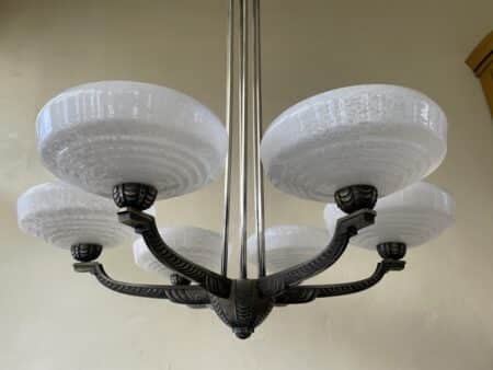 Plafondlamp 6 arms Verzilverde Pendel Clichyglazen Kelken jaren 40 - Afbeelding 4