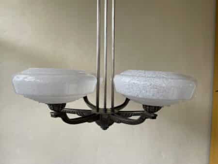 Plafondlamp 6 arms Verzilverde Pendel Clichyglazen Kelken jaren 40 - Afbeelding 5