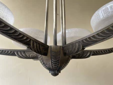 Plafondlamp 6 arms Verzilverde Pendel Clichyglazen Kelken jaren 40 - Afbeelding 6