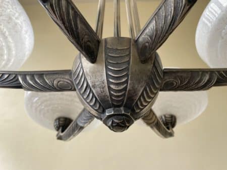 Plafondlamp 6 arms Verzilverde Pendel Clichyglazen Kelken jaren 40 - Afbeelding 7