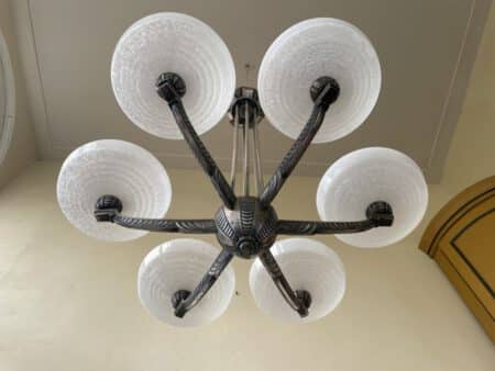Plafondlamp 6 arms Verzilverde Pendel Clichyglazen Kelken jaren 40 - Afbeelding 2