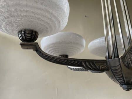 Plafondlamp 6 arms Verzilverde Pendel Clichyglazen Kelken jaren 40 - Afbeelding 9