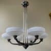Plafondlamp 6 arms Verzilverde Pendel Clichyglazen Kelken jaren 40