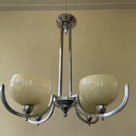 Plafondlamp Verchroomd 4 arms met gele schalen Art Deco jaren 30