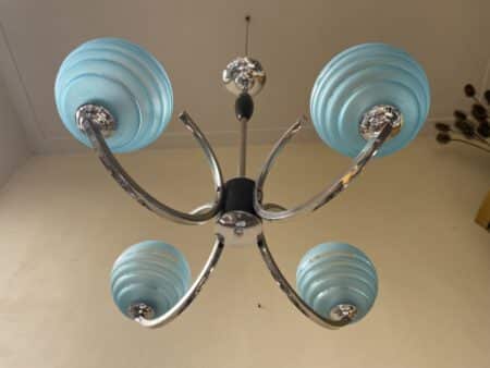 Plafondlamp 4 arms blauwe bollen verchroomd messing art deco jaren 30 - Afbeelding 2