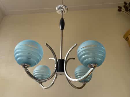 Plafondlamp 4 arms blauwe bollen verchroomd messing art deco jaren 30 - Afbeelding 14