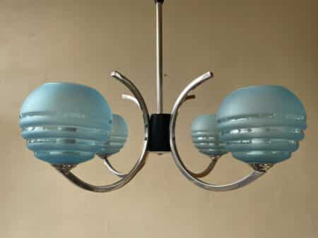 Plafondlamp 4 arms blauwe bollen verchroomd messing art deco jaren 30 - Afbeelding 4