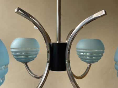 Plafondlamp 4 arms blauwe bollen verchroomd messing art deco jaren 30 - Afbeelding 5