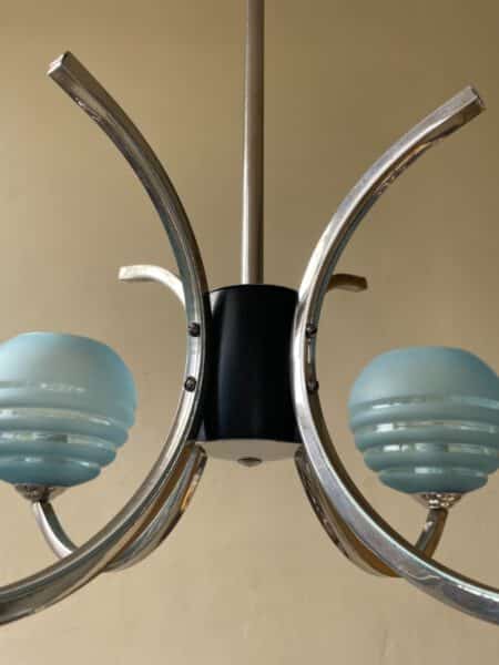 Plafondlamp 4 arms blauwe bollen verchroomd messing art deco jaren 30 - Afbeelding 6