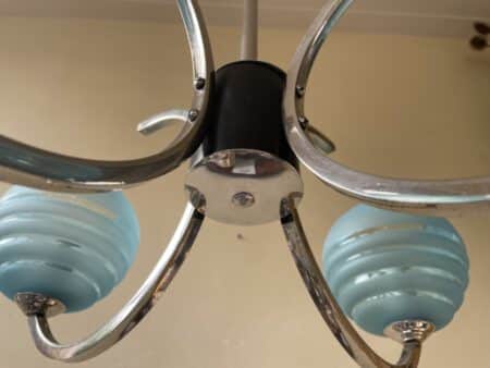 Plafondlamp 4 arms blauwe bollen verchroomd messing art deco jaren 30 - Afbeelding 7