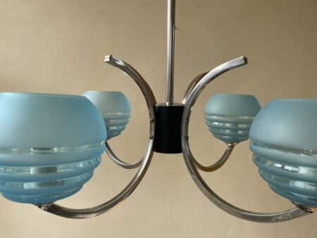 Plafondlamp 4 arms blauwe bollen verchroomd messing art deco jaren 30 - Afbeelding 8