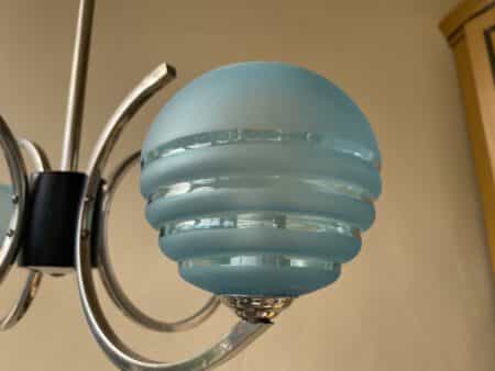 Plafondlamp 4 arms blauwe bollen verchroomd messing art deco jaren 30 - Afbeelding 10