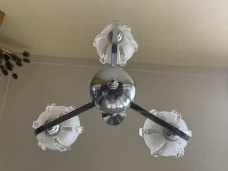 Lamp Art Deco 1930 3 arms Matglazen schalen Verchroomd Frans - Afbeelding 3