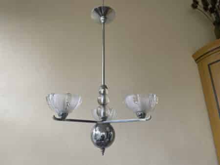 Lamp Art Deco 1930 3 arms Matglazen schalen Verchroomd Frans - Afbeelding 13
