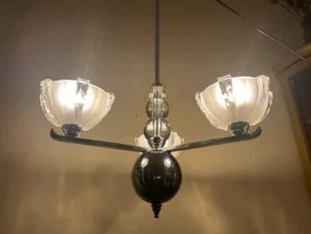 Lamp Art Deco 1930 3 arms Matglazen schalen Verchroomd Frans