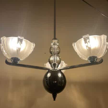 Lamp Art Deco 1930 3 arms Matglazen schalen Verchroomd Frans