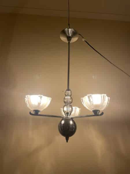 Lamp Art Deco 1930 3 arms Matglazen schalen Verchroomd Frans - Afbeelding 2