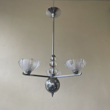 Plafondlamp Lamp Art Deco 1930 3 arms Matglazen schalen Verchroomd Frans