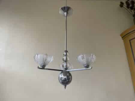 Lamp Art Deco 1930 3 arms Matglazen schalen Verchroomd Frans - Afbeelding 4