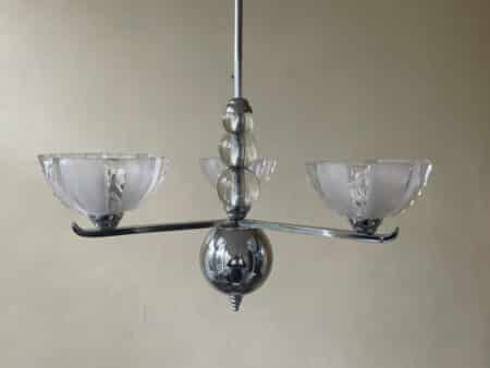 Lamp Art Deco 1930 3 arms Matglazen schalen Verchroomd Frans - Afbeelding 5