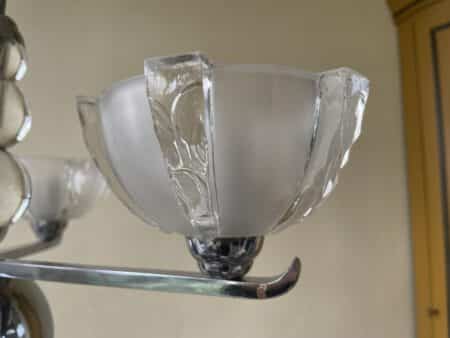 Lamp Art Deco 1930 3 arms Matglazen schalen Verchroomd Frans - Afbeelding 8