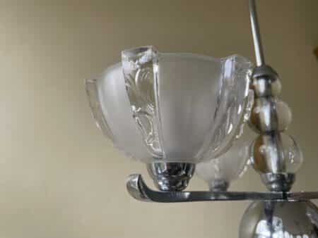 Lamp Art Deco 1930 3 arms Matglazen schalen Verchroomd Frans - Afbeelding 10