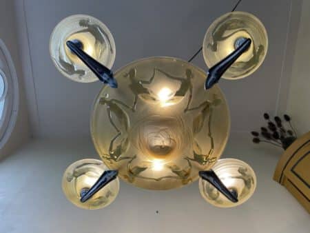 Plafondlamp Lamp  Art Deco 1930 Gele Schalen met Zeemeerminnen - Afbeelding 5