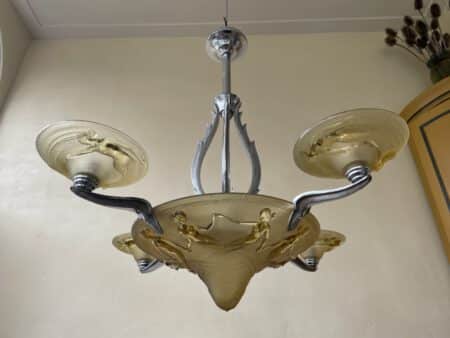 Plafondlamp Lamp  Art Deco 1930 Gele Schalen met Zeemeerminnen