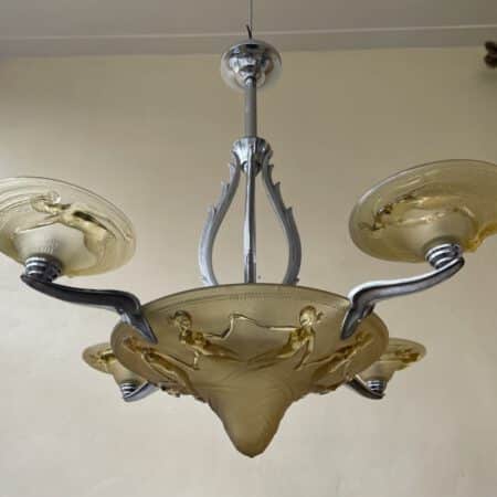 Plafondlamp Lamp  Art Deco 1930 Gele Schalen met Zeemeerminnen