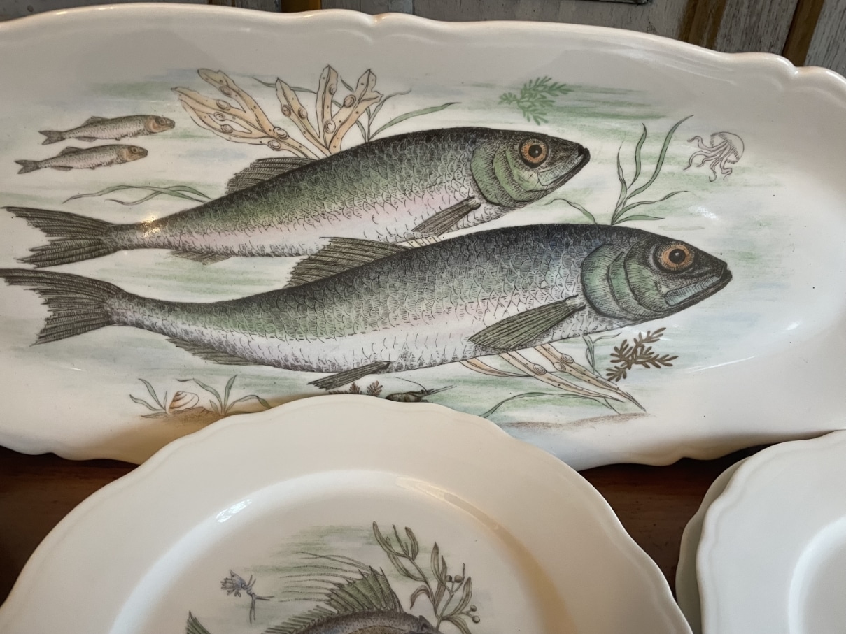 Porseleinen 12x Borden 1 x Schaal Visdecoratie Limoges Foëcy - Afbeelding 9