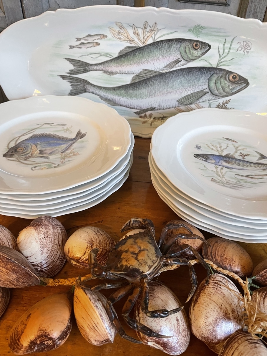 Porseleinen 12x Borden 1 x Schaal Visdecoratie Limoges Foëcy - Afbeelding 13