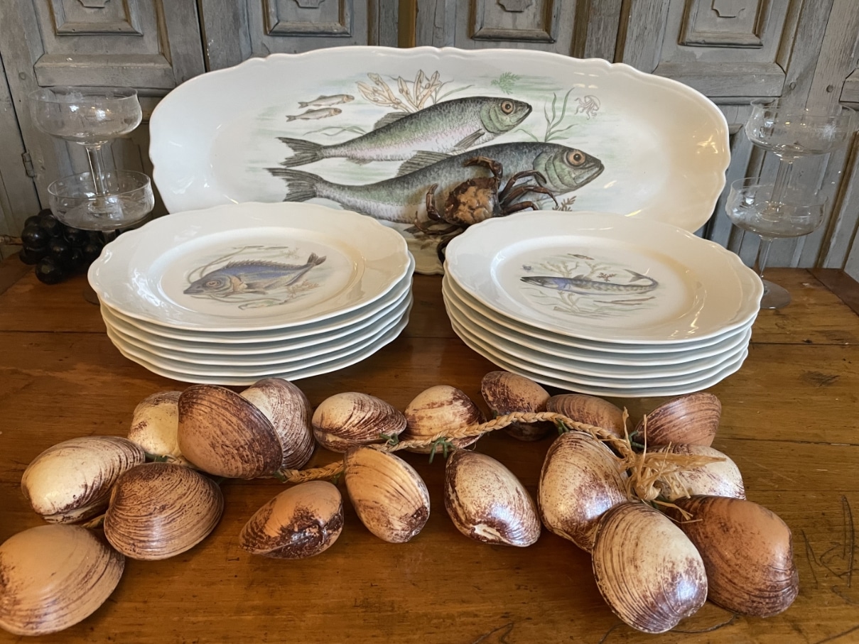Porseleinen 12x Borden 1 x Schaal Visdecoratie Limoges Foëcy